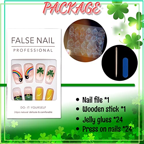 Presa scurtă de Ziua St.Patrick pe unghii cu designuri pătrate Shamrock Fake Fake Nails On Nails Nails Fals Franceză Acrilic