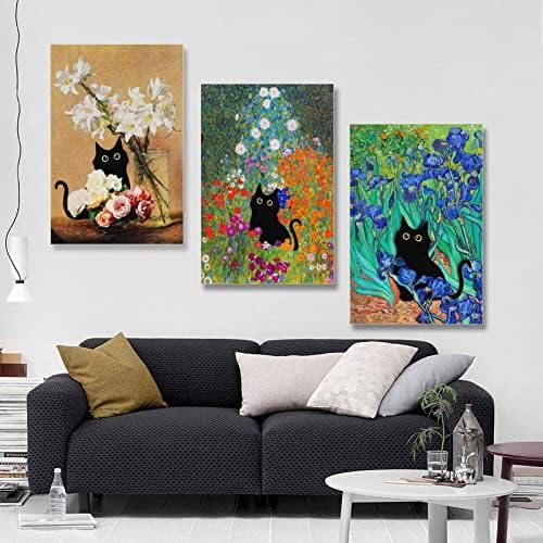 Weershun Vincent Van Gogh Set de 3 picturi cu ulei de afiș pe pânză Canta Black Cat Funny Animal Poster Canvas 90s Wall Art