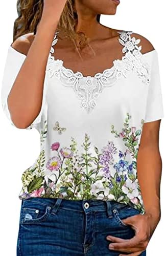 Bluză din dantelă V pentru fete adolescente cu mânecă scurtă umăr rece Flower floral Graphic Casual Bluze Tees Juniors
