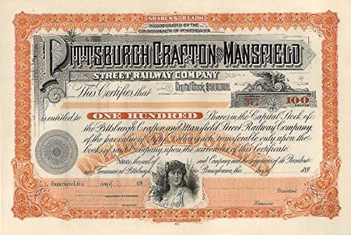 Pittsburgh, Crafton și Mansfield St Railway - certificat de stoc