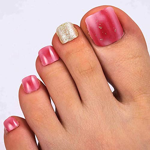 Mosako Glossy Pink False Nails pentru unghiile de la picioare Chic Glitter Gold unghii false pentru degetele de la picioare