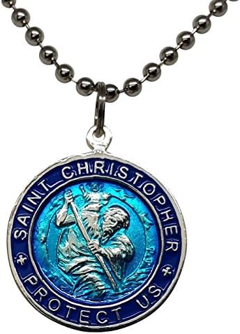 St. Christopher Surf colier, pandantiv mare, Aqua albastru cu Marina Rim, 23 Inch mingea lanț