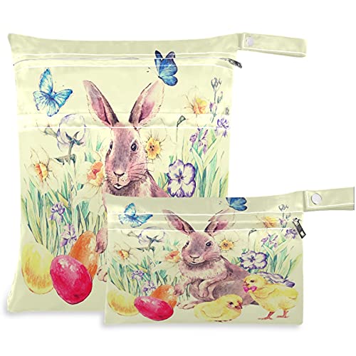 visesunny Vintage Easter Cute Bunny 2pcs geantă umedă cu buzunare cu fermoar lavabil reutilizabil încăpător pentru călătorii,plajă,piscină,îngrijire