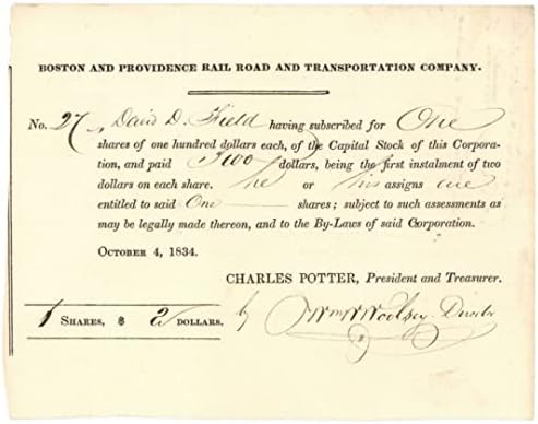 Boston și Providence Rail Road and Transportation Co. Eliberat lui David D. Field-autograf