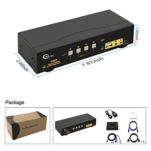 Cklau 4 porturi HDMI KVM Switch Monitor Dual 4K@60Hz cu Audio, Cabluri și 1 Hub USB 2.0, 4 computere 2 monitoare cutie de comutare