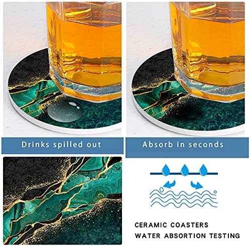 Boheter Green Marble Combing pentru băuturi absorbante cu suport, coaste verzi și de aur cu piatră ceramică și bază de plută