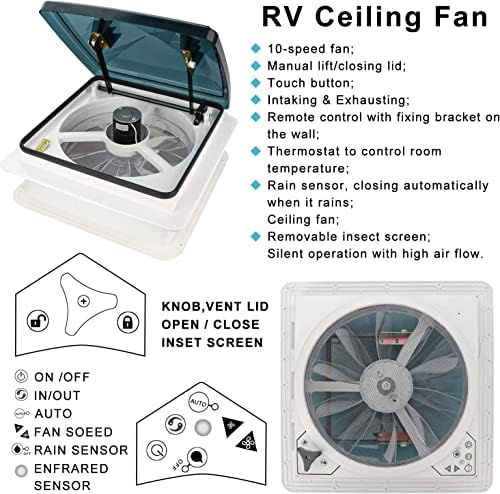Ventilator de ventilator de acoperiș RV Caphont 12V cu ventilator fantastic cu 10 trepte, cu 10 trepte pentru RV 14 ”Ventilator