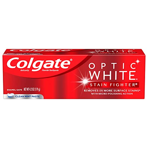 Gel de pastă de dinți Albitoare Colgate Optic White Stain Fighter, aromă proaspătă de mentă cu fluor, sigur pentru smalț pentru