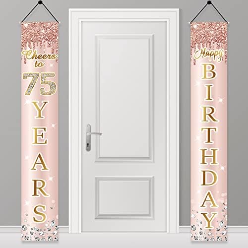 75th Birthday Decorations Door Banner pentru femei, roz auriu roz urale la 75 de ani de naștere cu verandă Sign Signdies, Fericit