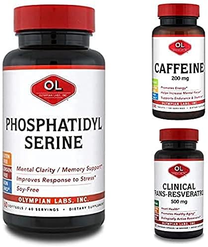 Olympian Labs-Focus supliment Bundle-200mg cafeina comprimate, Phosphatidylserine, Resveratrol