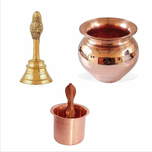 Instrumente Homedecor Ghanti Panchpatra Copper & Brass Pooja Samagri Set de 4 PC -uri, Pooja Kalash/Lota