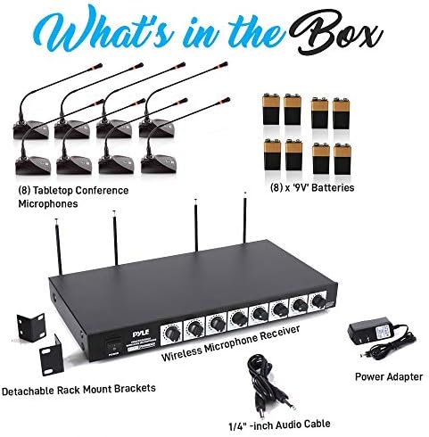 Sistem de microfon al conferinței Pyle 8 Channel - desktop UHF, Adunare de masă Microfoane wireless și receptor cu 8 GOESECKECK MICS, Rack Monable și LED Indicator de semnal audio PDWM8880